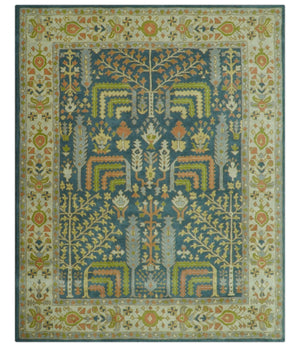 Custom Made Tree of Life Beige And Teal Floral Design Hand Tufted  Wool Area Rug