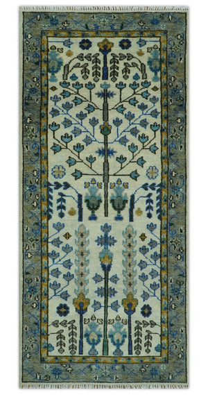 Custom Made Tree of life Hand Knotted Antique Ivory, Blue and Gray Wool area Rug