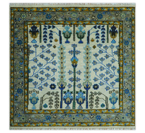 Custom Made Tree of life Hand Knotted Antique Ivory, Blue and Gray Wool area Rug