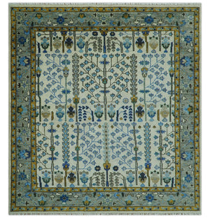 Custom Made Tree of life Hand Knotted Antique Ivory, Blue and Gray Wool area Rug