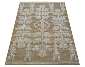 Custom Made Tribal Brown And Ivory Hand Knotted Wool and Jute Rug