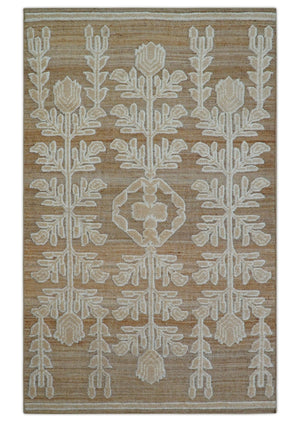 Custom Made Tribal Brown And Ivory Hand Knotted Wool and Jute Rug