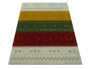 Custom Made Tribal Gabbeh Ivory, Gold, Green and Maroon Geometrical Stripes Design Wool area Rug