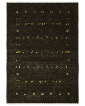 Custom Made Tribal look Greenish-Brown Traditional Hand loom Wool Area Rug