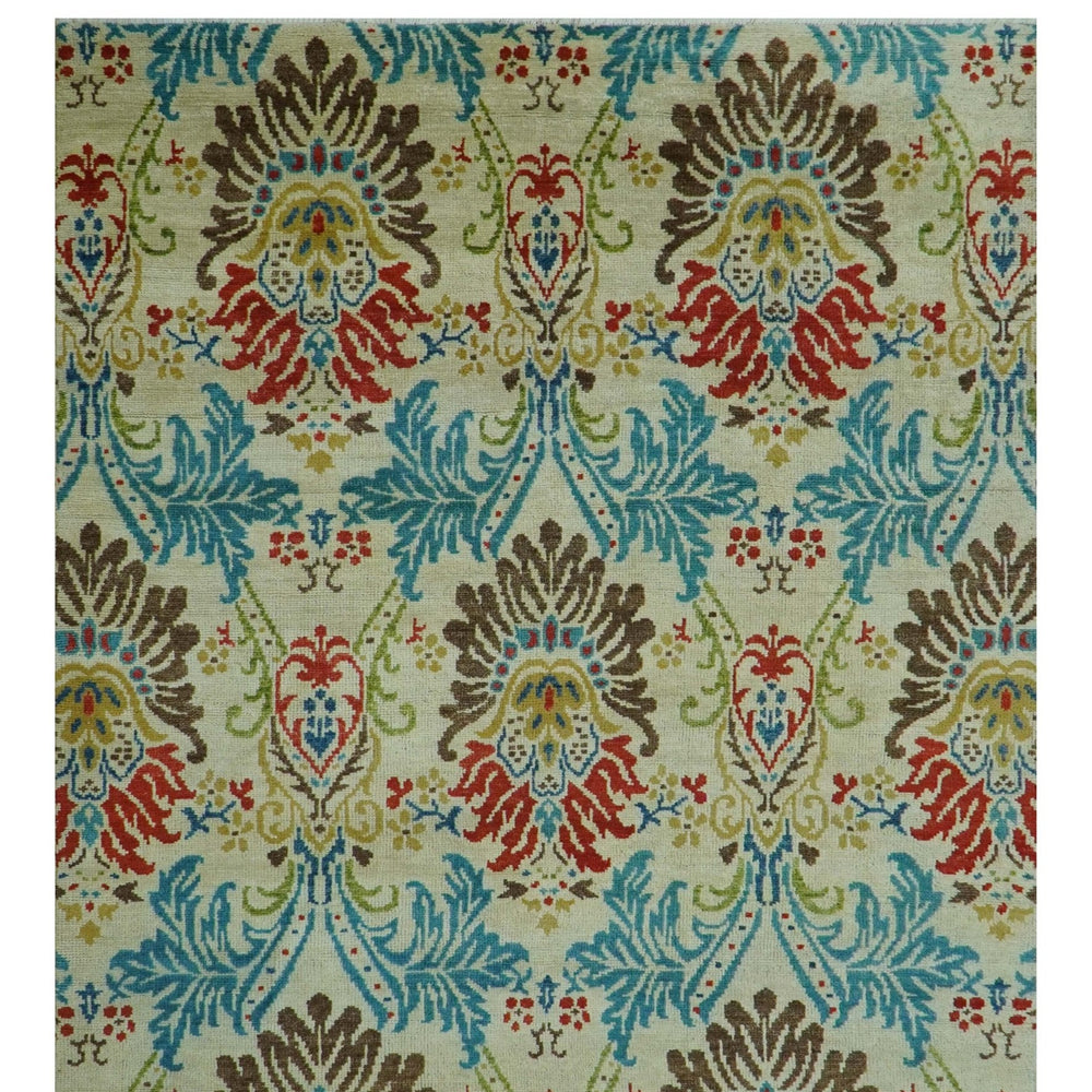 Custom Made Vintage Floral Ikat Design Beige And Blue Hand Knotted Wool Rug