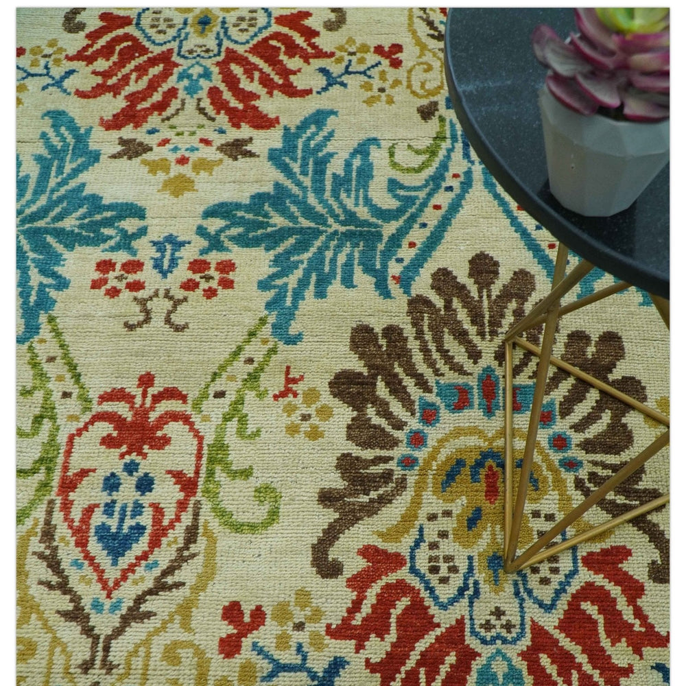 Custom Made Vintage Floral Ikat Design Beige And Blue Hand Knotted Wool Rug