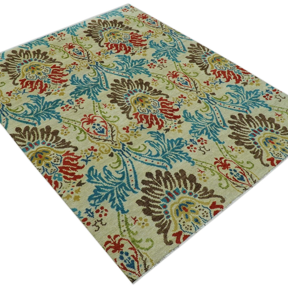 Custom Made Vintage Floral Ikat Design Beige And Blue Hand Knotted Wool Rug
