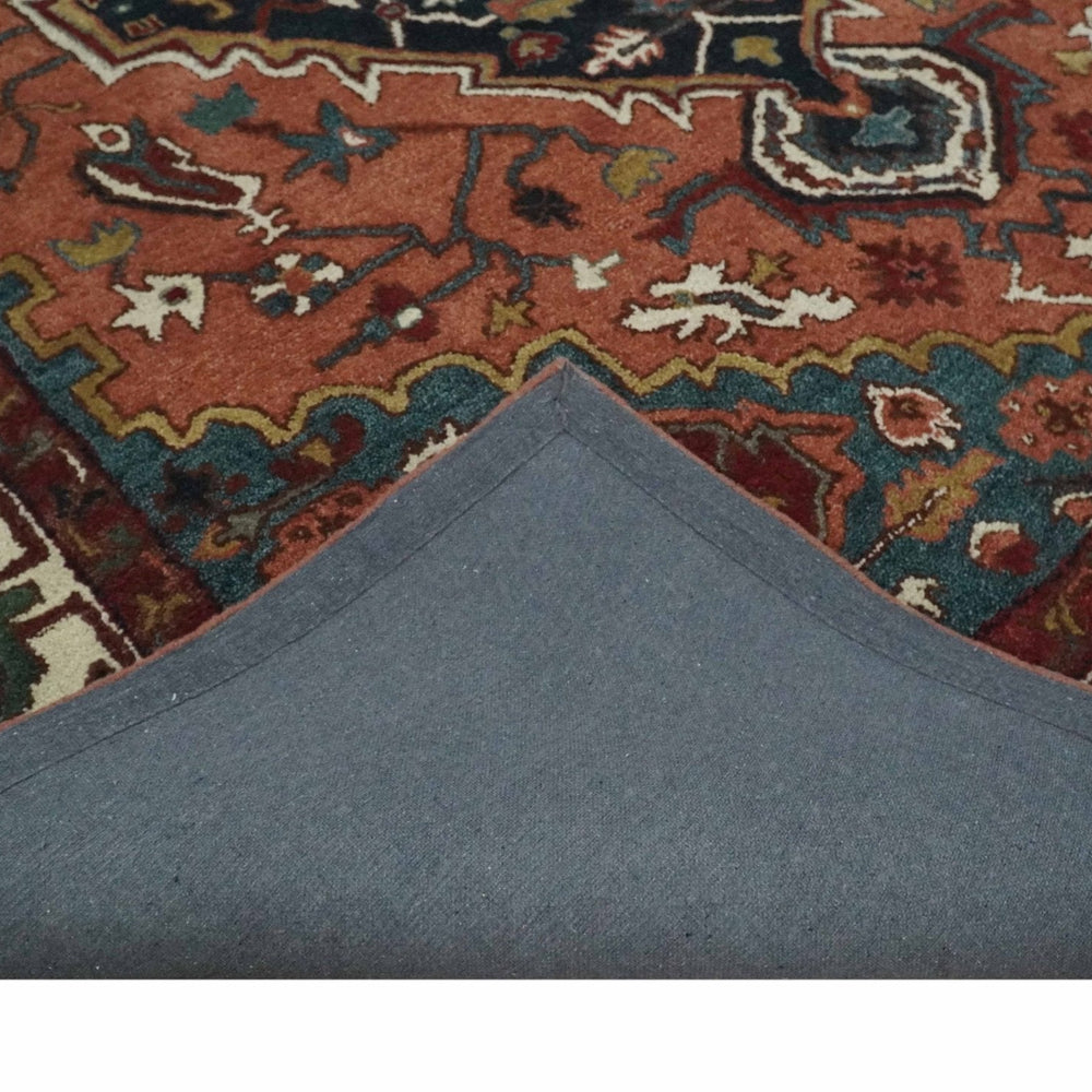 Custom Made Vintage Style Black, Rust, Teal and Ivory Hand Tufted Traditional wool Area Rug