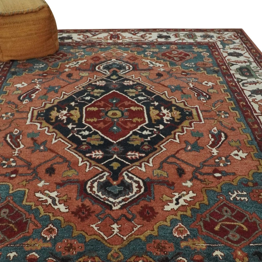 Custom Made Vintage Style Black, Rust, Teal and Ivory Hand Tufted Traditional wool Area Rug