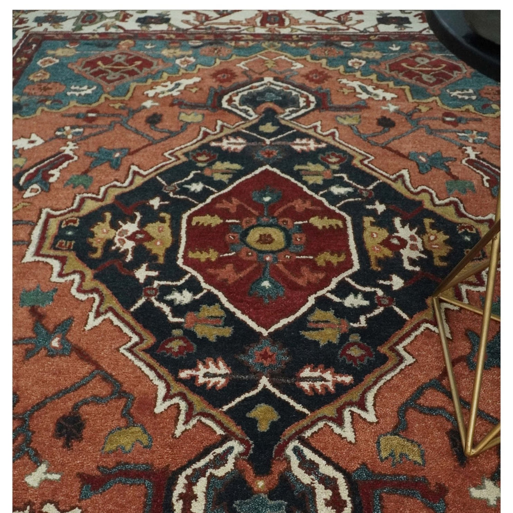 Custom Made Vintage Style Black, Rust, Teal and Ivory Hand Tufted Traditional wool Area Rug