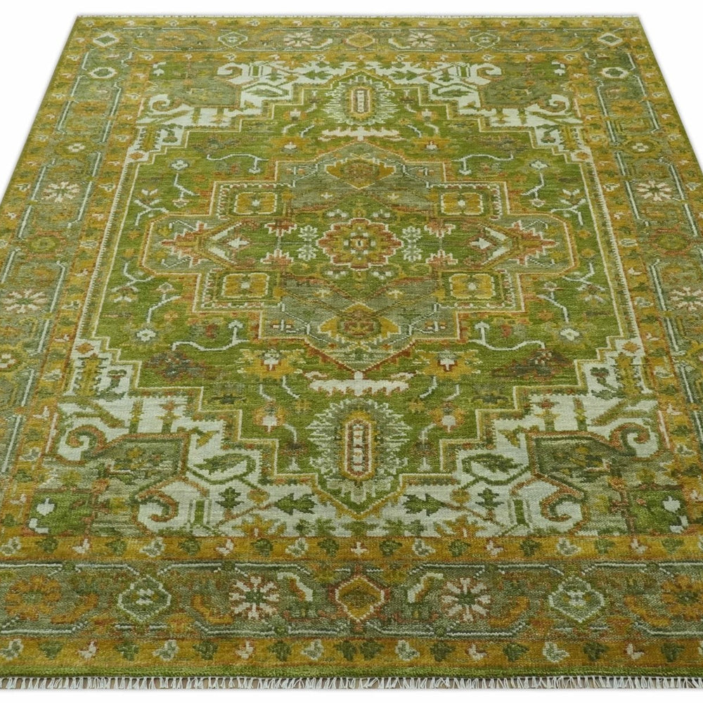 Custom Made Vintage Style Green, Silver and Gold Hand Knotted Traditional Heriz wool area rug