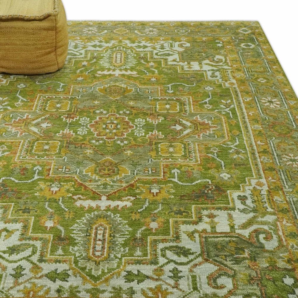 Custom Made Vintage Style Green, Silver and Gold Hand Knotted Traditional Heriz wool area rug