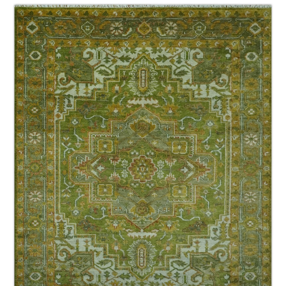 Custom Made Vintage Style Green, Silver and Gold Hand Knotted Traditional Heriz wool area rug