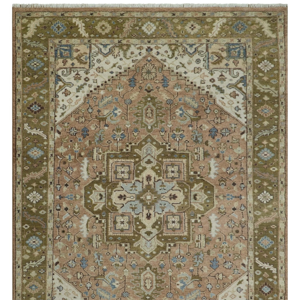 Custom Made Vintage Style Olive, Rust and Ivory Hand knotted Traditional wool Area Rug