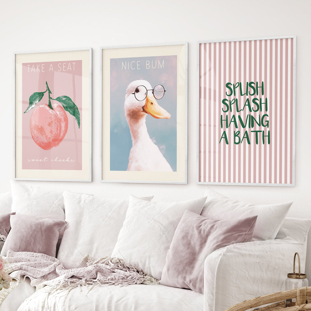 Humorous Bathroom Quotes Wall Art: Funny Duck, Peach Prints
