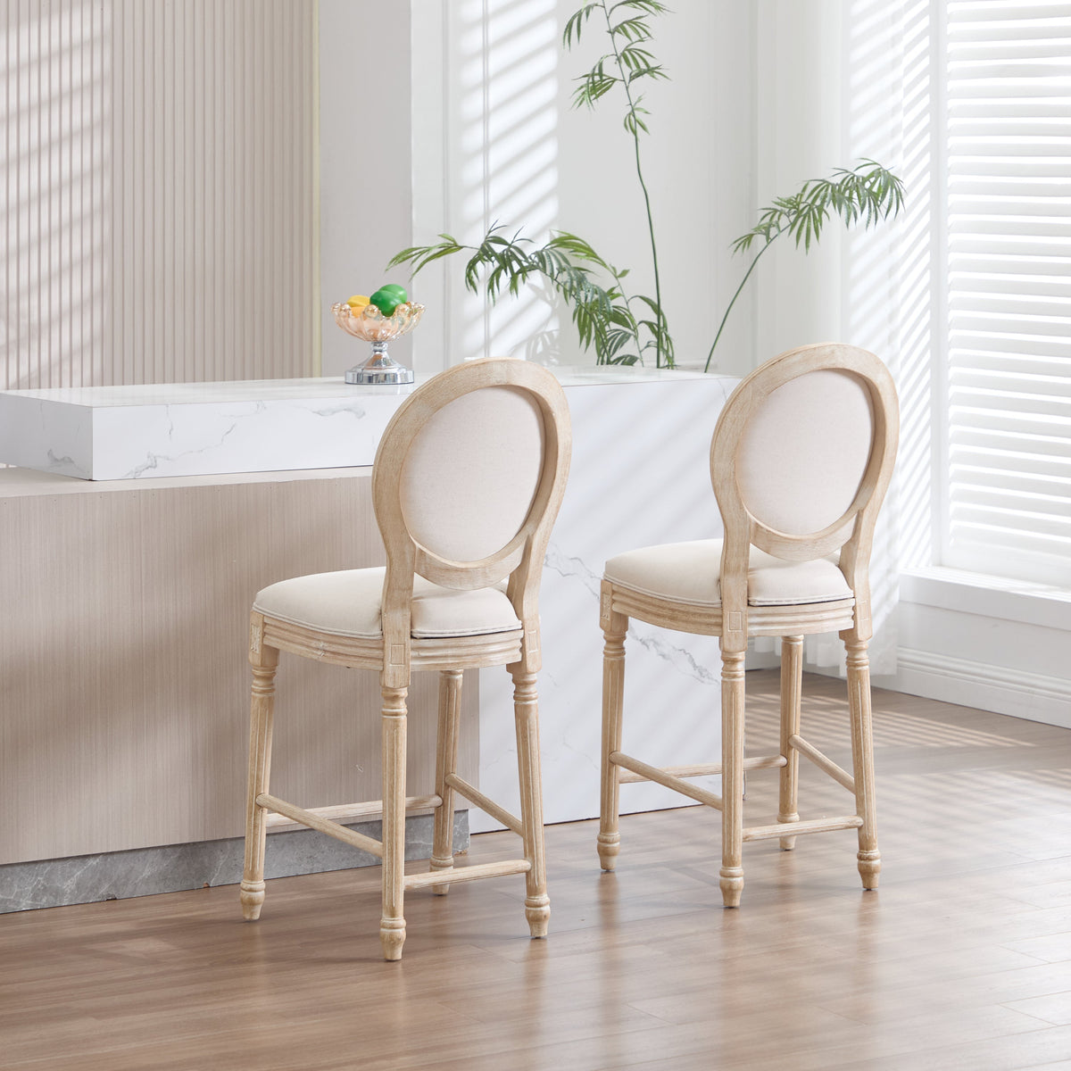 French Country 26'' Height Bar Chairs with Beige Linen Upholstery - Set of 2