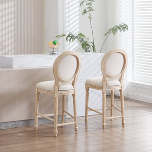 French Country 26'' Height Bar Chairs with Beige Linen Upholstery - Set of 2
