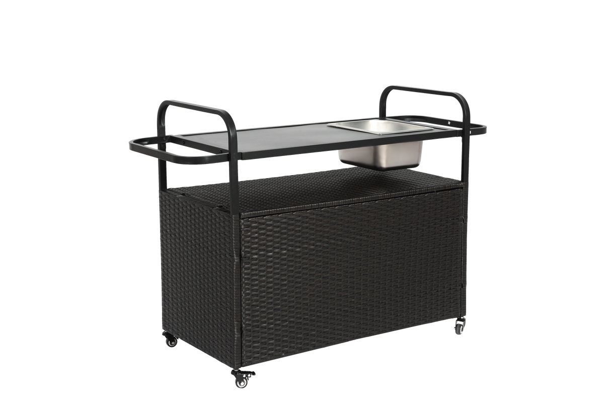 Outdoor Bar Table with Wicker Bar Cart and Steel Top