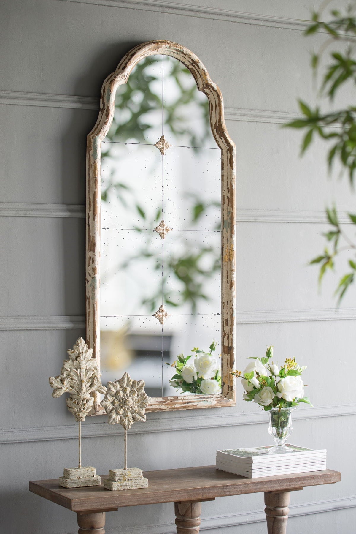 Large & Framed Wall Mirror, Arched Mirror With Decorative Window Look For Living Room - Cream
