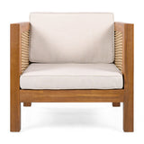 Outdoor Club Chair with Rope Arm and Cushions - Beige / Teak