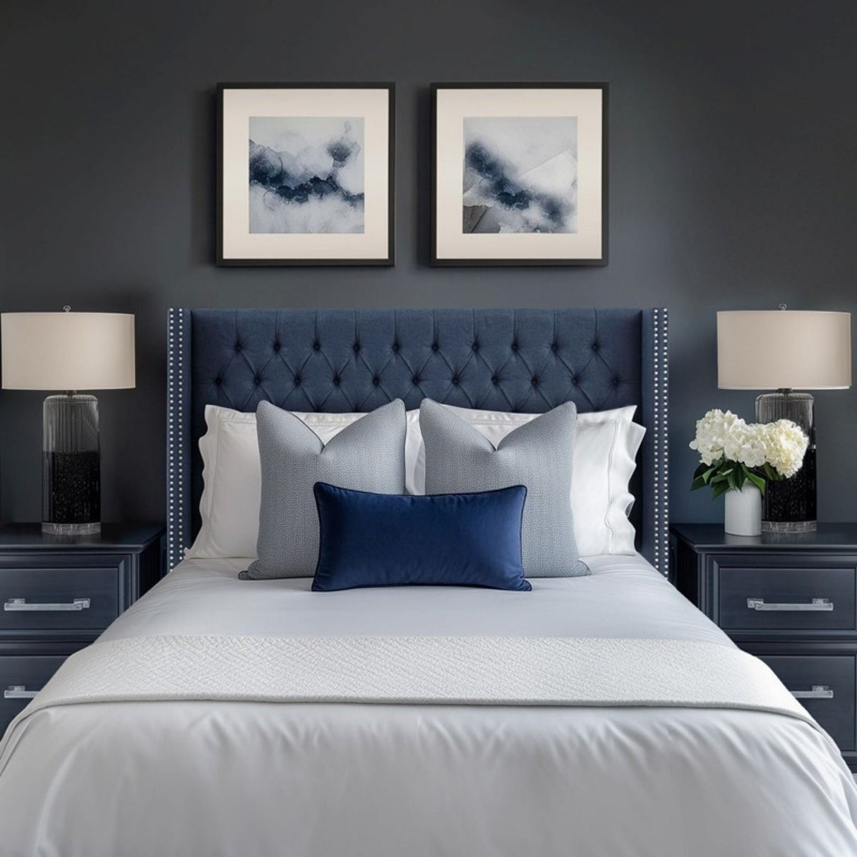 Transitional Upholstery Headboard With Tufted Buttons And Nailhead Trim