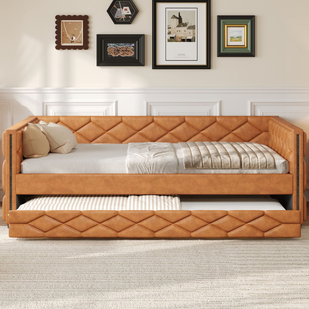 Upholstered Full Long Daybed With Trundle And LED Armrests - Brown