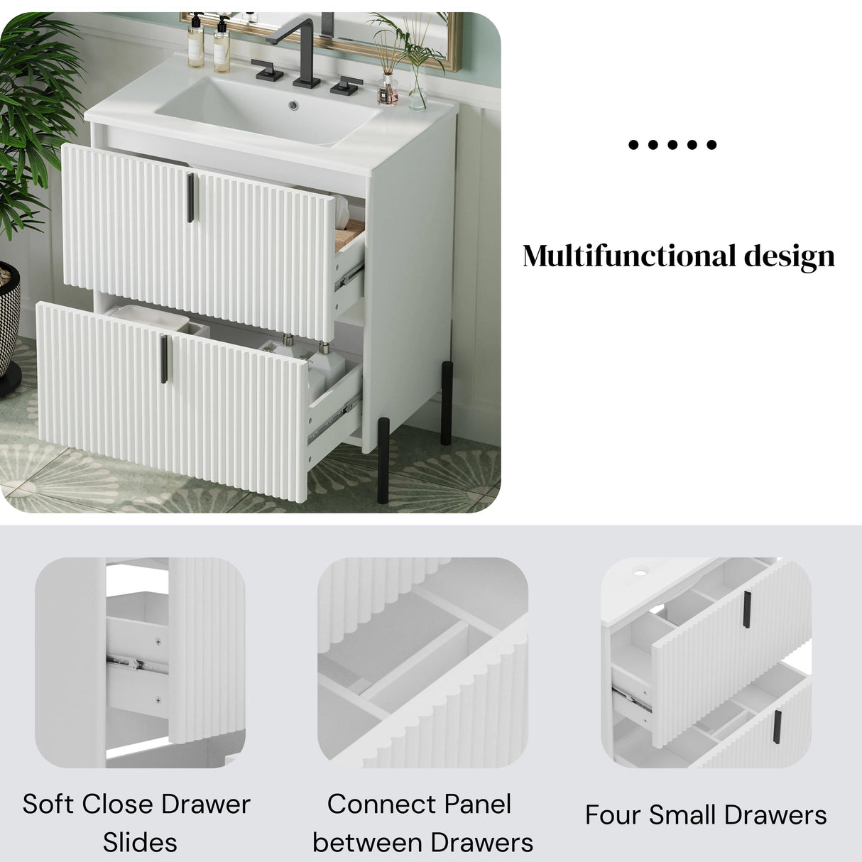 White Fluted Bathroom Vanity with Ceramic Sink and Soft Close Drawers