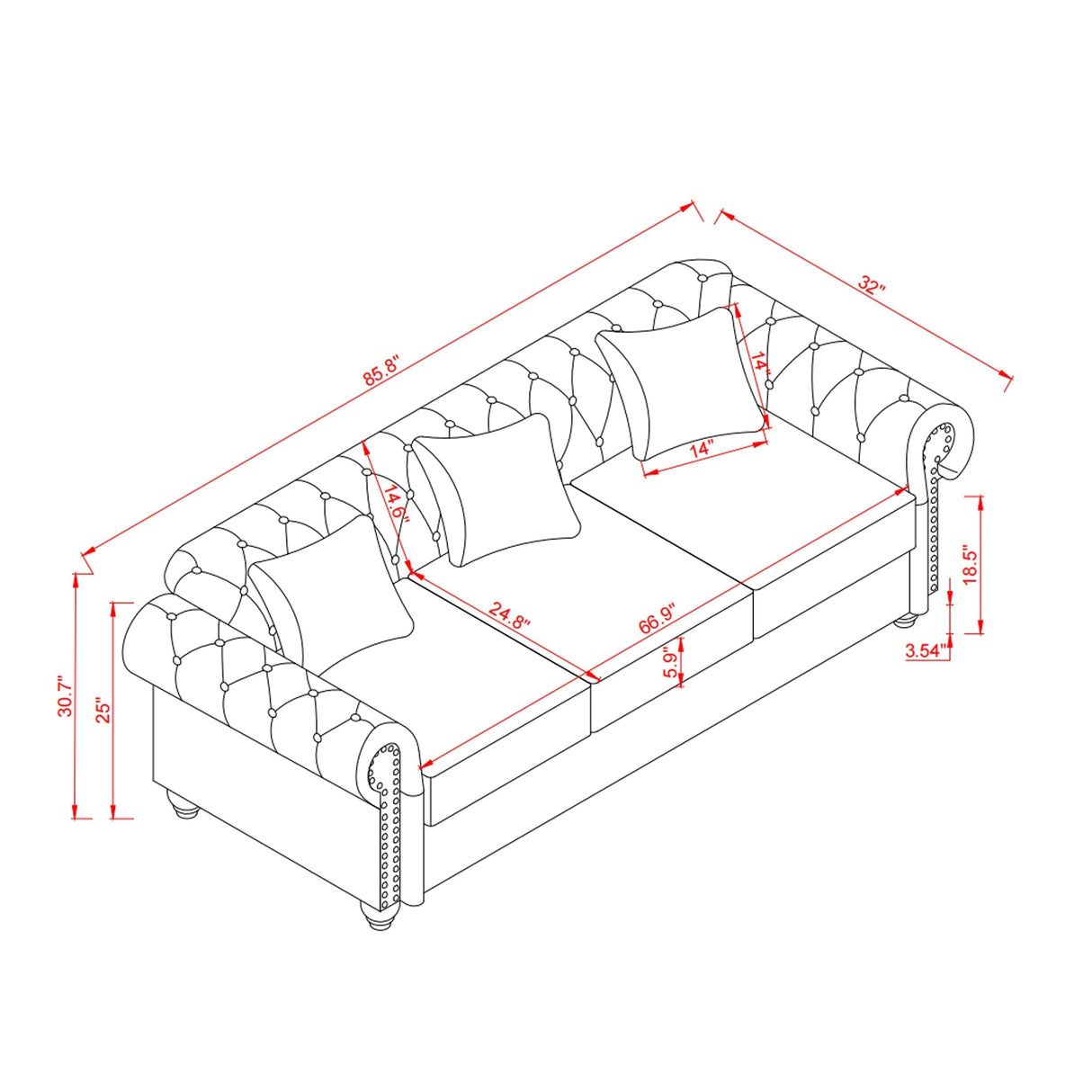 85.8' Living Room Chesterfield Sofa Classic Tufted Design Faux Leather PU Upholstered Sofa with Storage (Black)