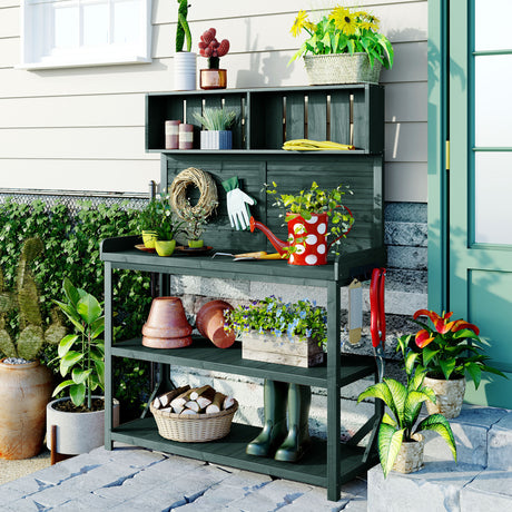 Wooden-Farmhouse-Rustic-Outdoor-Potting-Bench-Table,--with-4-Storage-Shelves-and-Side-Hook,-Forest-Green-Potting-Bench-&-Storage