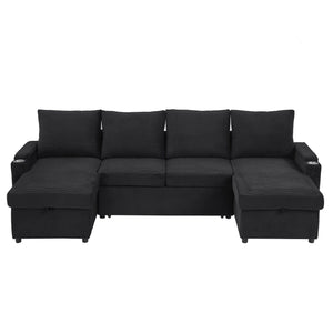 U Shaped Sectional Sofa Bed With Storage Chaise Lounges, USB Ports, And Cup Holders