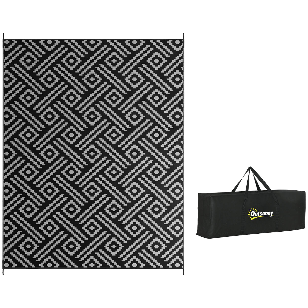 Outsunny reversible outdoor rug, 9' x 12' waterproof plastic straw floor mat, portable rv camping carpet with carry bag, large floor mat for backyard, deck, picnic, beach, black & gray geometric