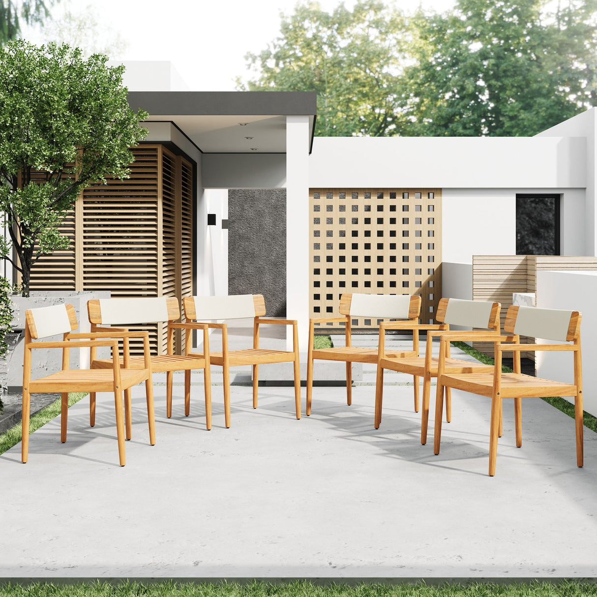 Creative Braided Acacia Wood Outdoor Dining Table And Chairs With Armrests (Set of 2) - Teak / White