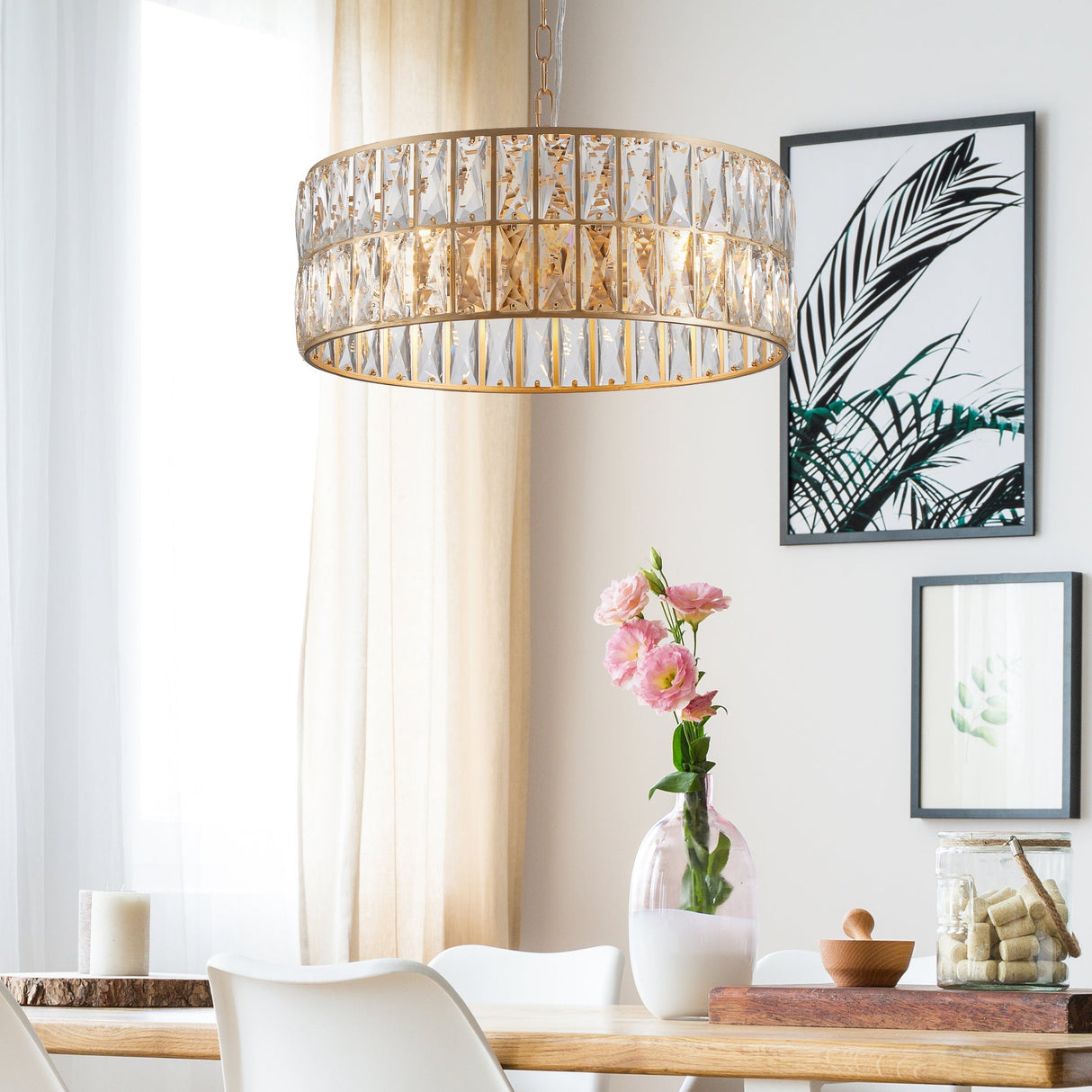 18' Golden Modern Crystal Drum Chandelier, 6-Light Pendant Lighting Fixture with Metal Frame