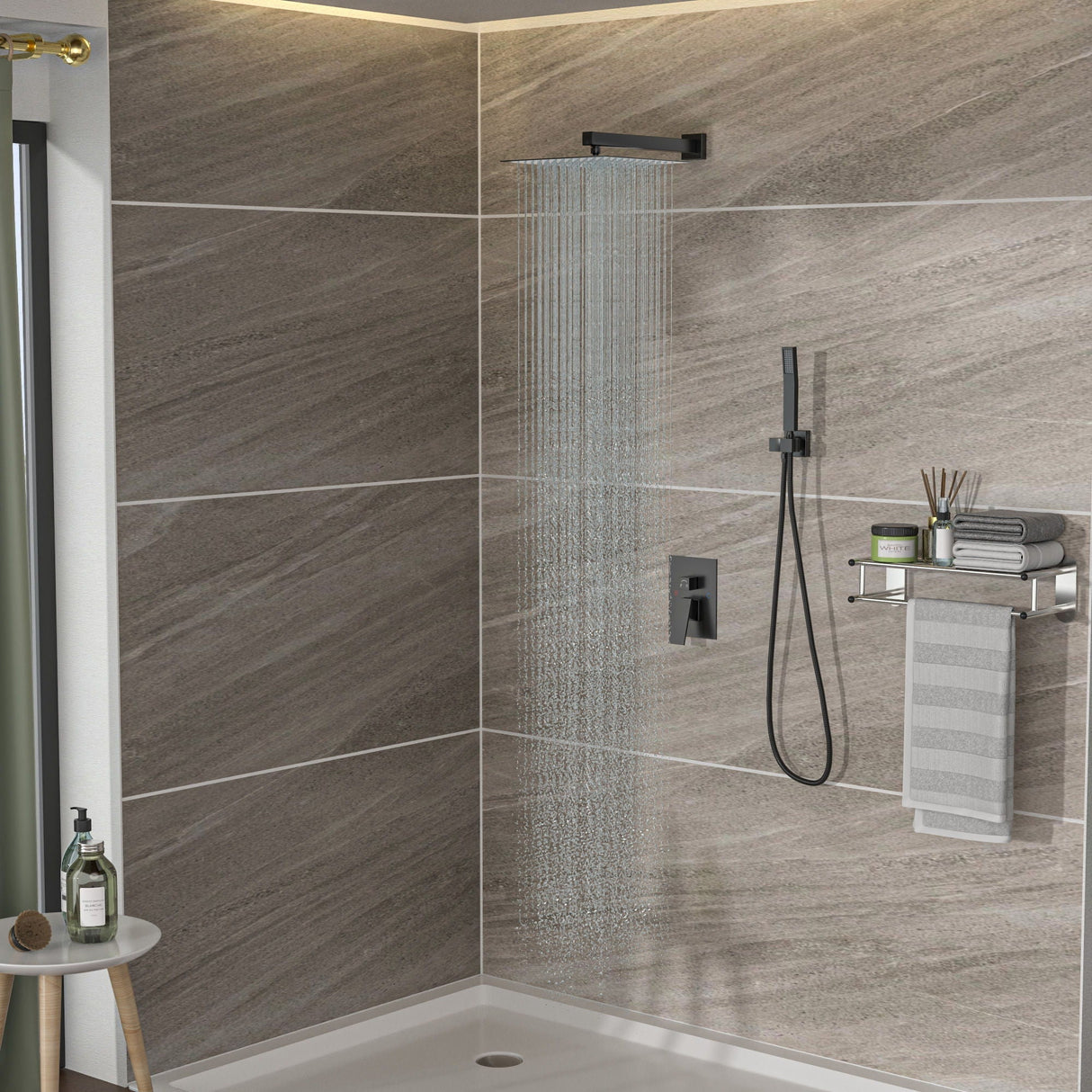 Dual Shower Head System With 12" Square Rain Shower And Rough In Valve