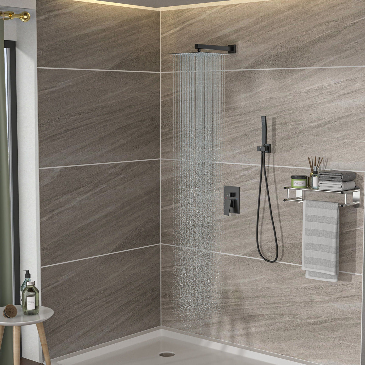 Dual Shower Head System with 12" Square Rain Shower and Valve - Black, Gray, Pearl Silver, Gold