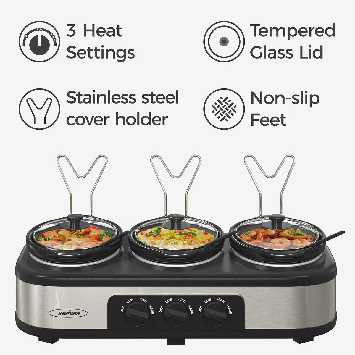 Triple Slow Cooker & Food Warmer, 3×1.5 QT Buffet Style