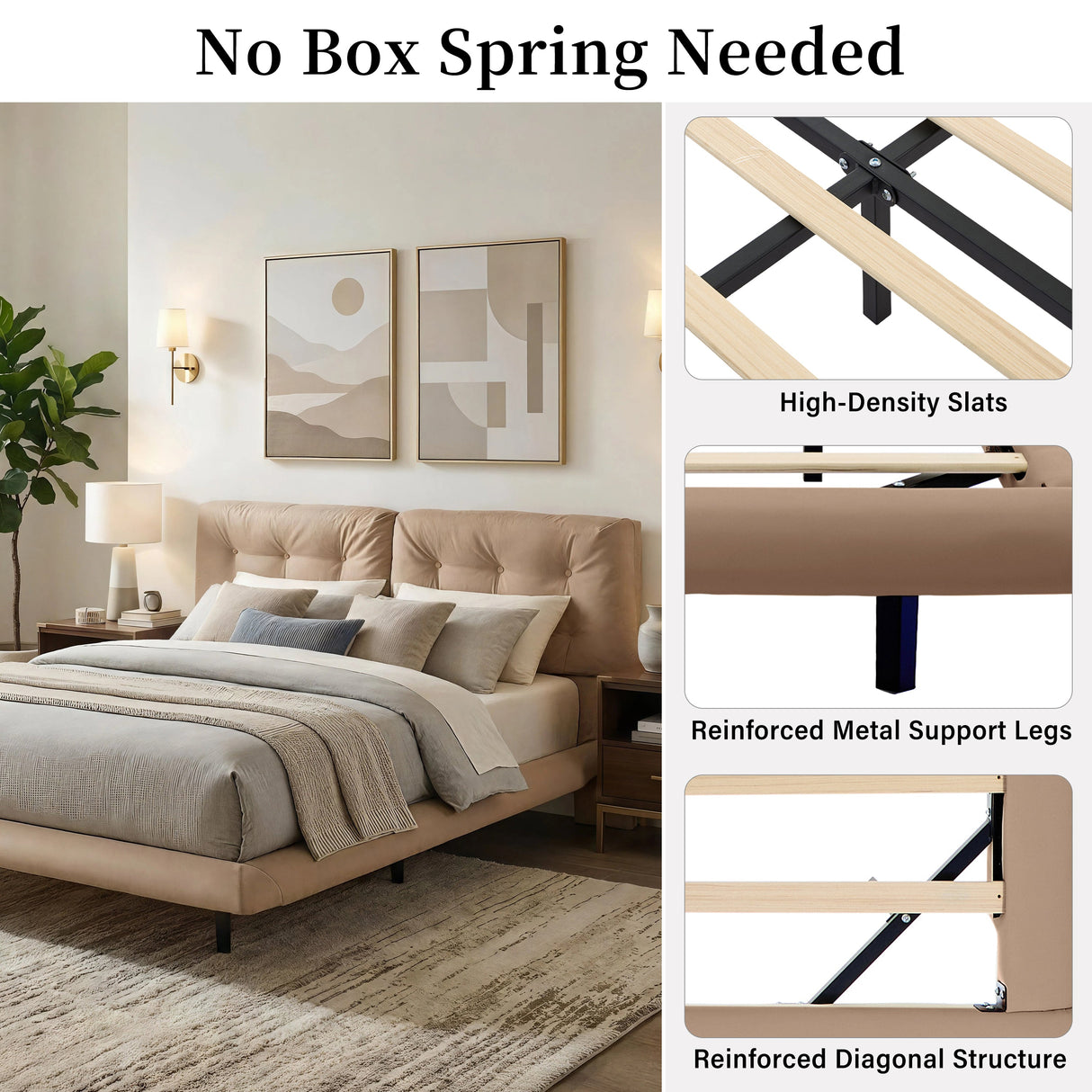 Queen Size Upholstered Floating Bed Frame with LED Lights, Khaki