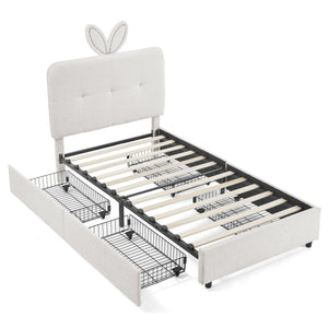 Upholstered Bed With Oversized Rabbit Ear Headboard, LED Lights & 4 Storage Drawers
