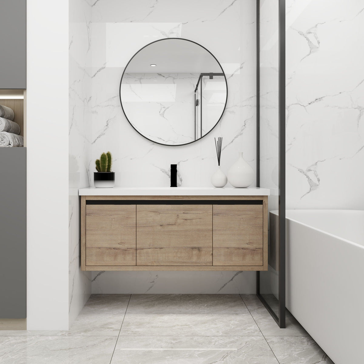 Floating Bathroom Vanity With Resin Sink And Soft Close Doors