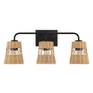 Moonlit - 3 Lights Wall Sconce With Shade, Bathroom Lighting Fixtures Over Mirror - Black / Rattan
