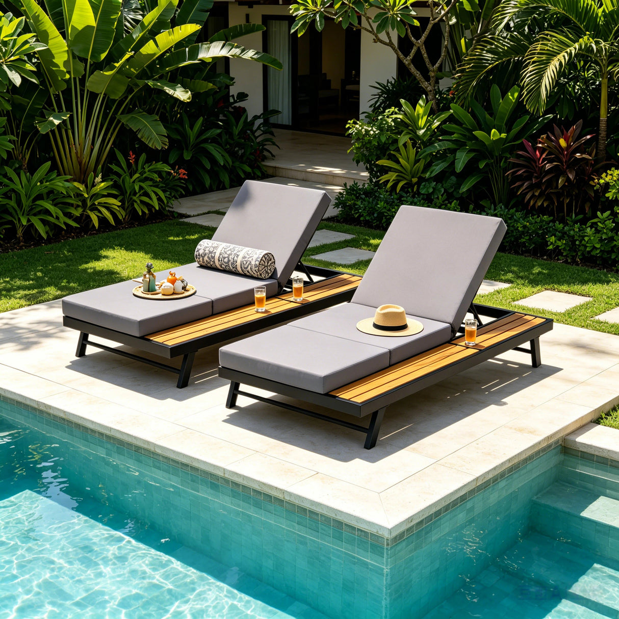 Black Iron + Teak Finish Chaise Lounge Set
