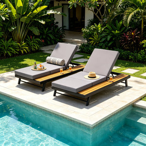 Black Iron + Teak Finish Chaise Lounge Set
