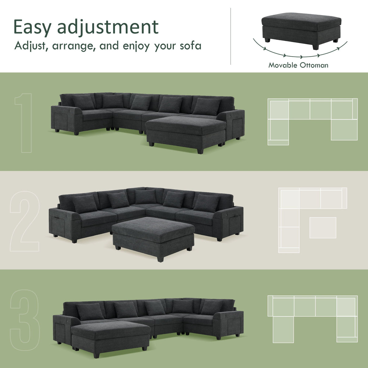 U Shaped Sectional Sofa 6 Seat Couch Set With Oversized Ottoman, Hidden Armrest Storage And Cup Holders USB Charging Ports Wide Seat Sofa