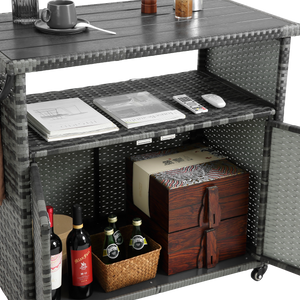Outdoor Wicker Bar Cart with Glass Top and Wheels
