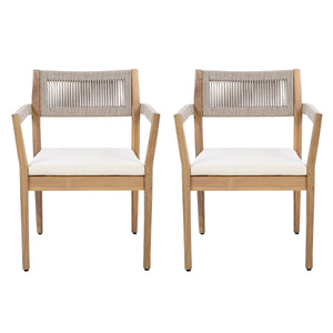 Braided Acacia Wood Outdoor Dining Chairs Set of 2 – Teak Look with Beige Rope & Cream Cushions