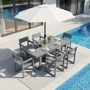 7-Piece HDPE Outdoor Dining Set for 6 – Weather-Resistant Patio Table with Umbrella Hole (Grey)
