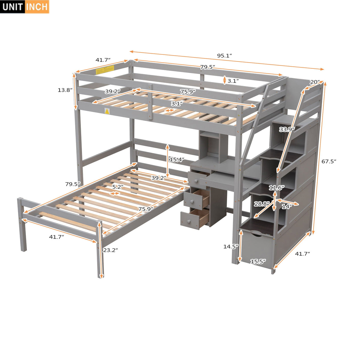 Loft Bed With Stand Alone Bed, Storage Staircase, Desk, Shelves, And Drawers
