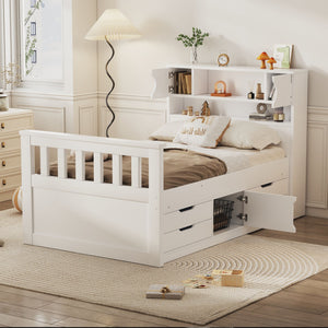 Captain Platform Bed Frame With Storage Bookcases, Shelves, And 4 Drawers