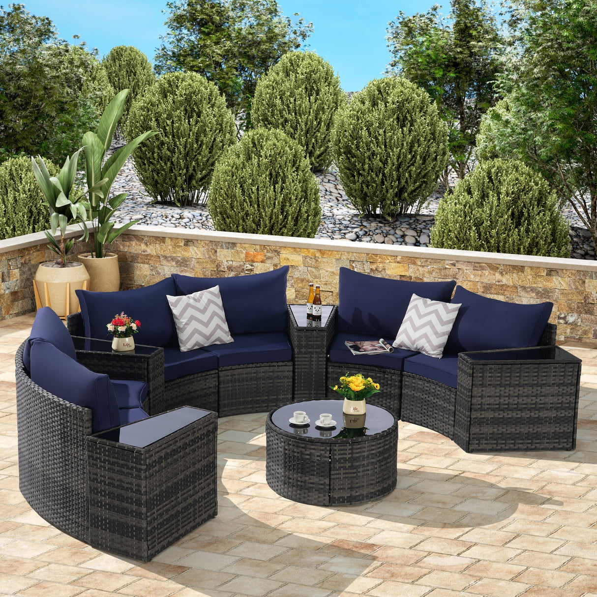 Outdoor Patio Furniture 11-Piece Half-Moon Sectional Round Patio Furniture Set