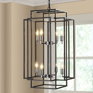 18' Modern 8-Light Black & Chrome Geometric Pendant Chandelier, Industrial Metal Frame, Adjustable Hanging Light for Living Room, Dining Room, Kitchen (No Bulbs)